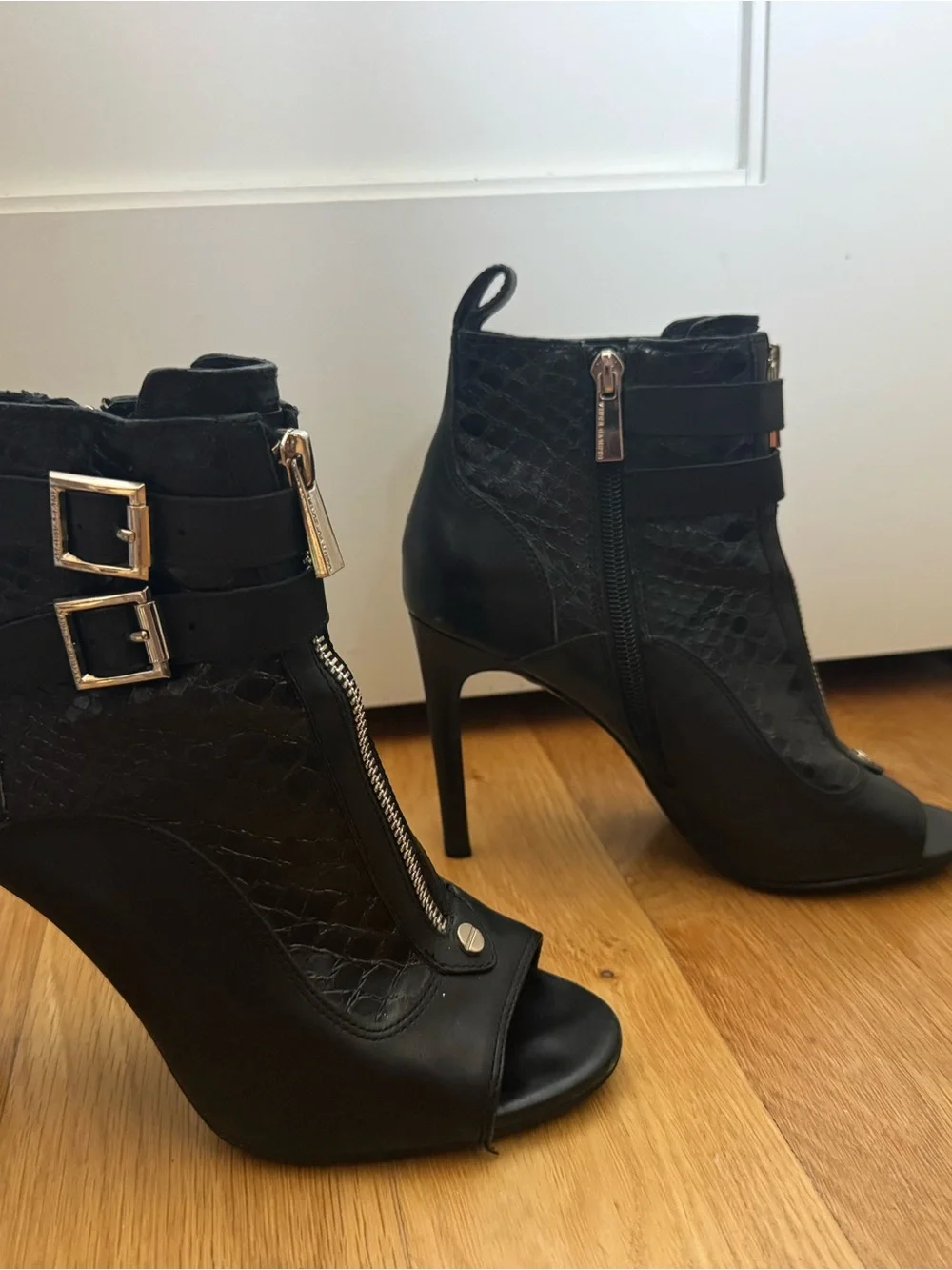 Vince Camuto Kammie Black Peep-Toe Ankle Booties with Front Zipper & Buckles